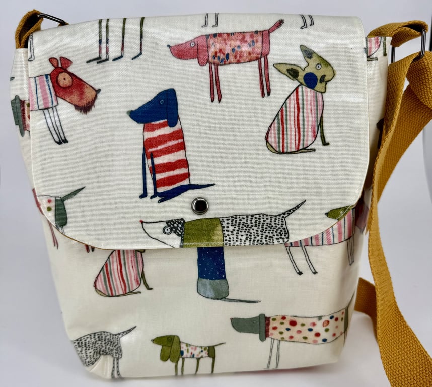 Handmade cream dog pattern cotton oilcloth crossbody bag