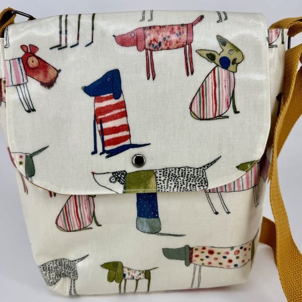 Handmade cream dog pattern cotton oilcloth crossbody bag