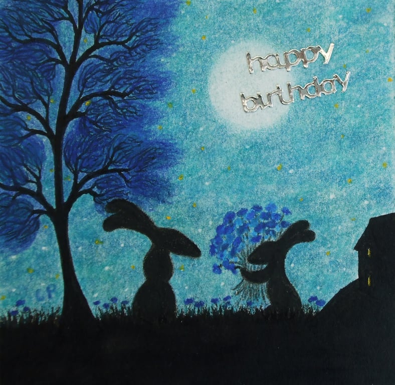 Birthday Card, Rabbits Card, Birthday Art Card, Rabbits Flowers Card, Children