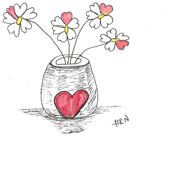 Original drawing, pen and watercolour, Vase, Heart, Red Flower on 300gsm paper