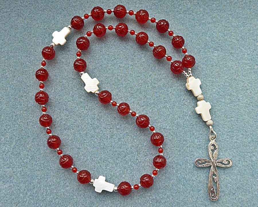 Anglican Prayer Beads, Solid Silver Cross, Carved Carnelian and Mother of Pearl