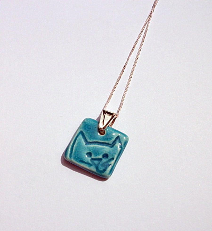 Ceramic turquoise cat  pendant necklace - sterling silver