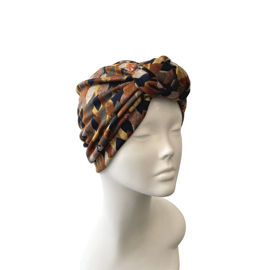 Autumnal Leaf Print Full Head Turban, Handmade Soft Jersey Hair Loss Turban 