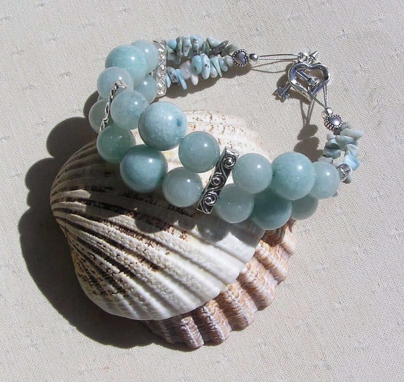 Aquamarine & Larimar Gemstone Crystal Beaded Bracelet "Caribbean Blues"
