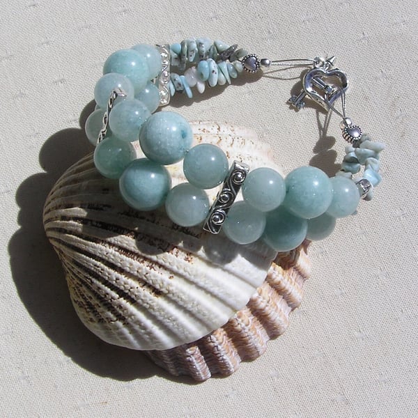 Aquamarine & Larimar Gemstone Crystal Beaded Bracelet "Caribbean Blues"