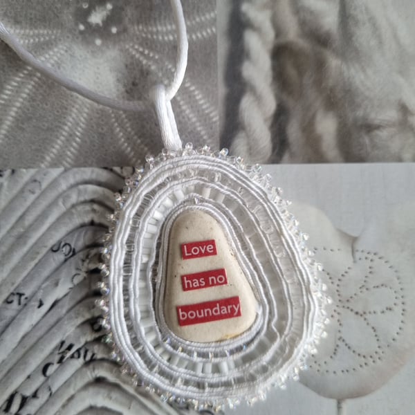 Love Has No Boundary – White Sea Stone Amulet with Beads & Message