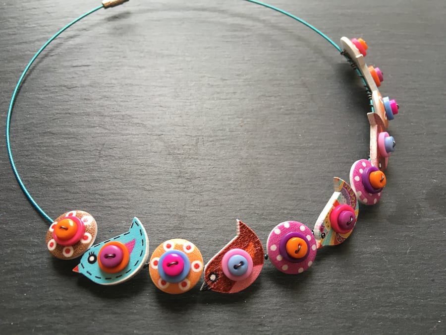 Button Necklace Turquoise Purple and Orange Birds