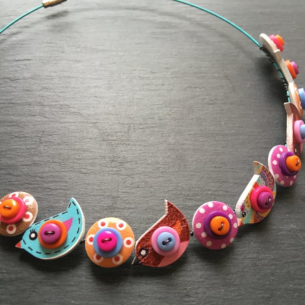 Button Necklace Turquoise Purple and Orange Birds
