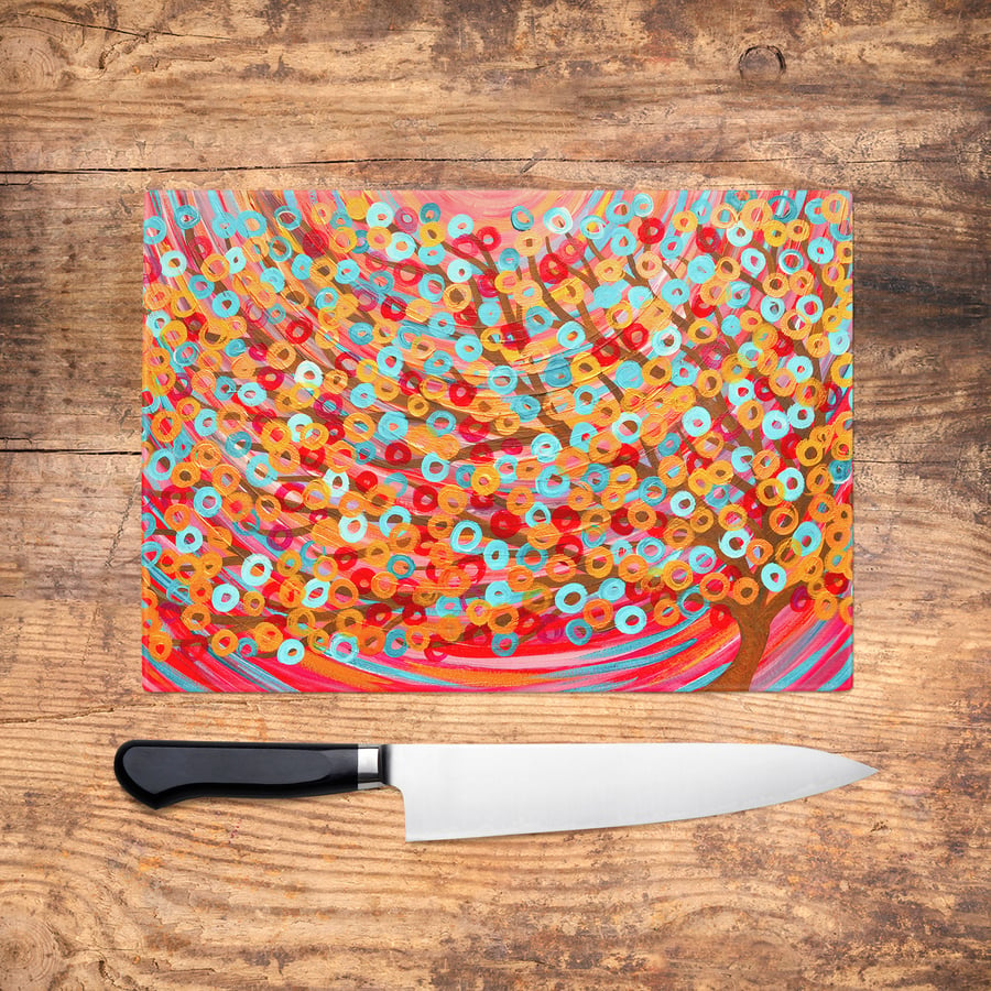 Red Tree Glass Chopping Board - Whimsical Tree Red Turquoise Worktop Saver, Plat