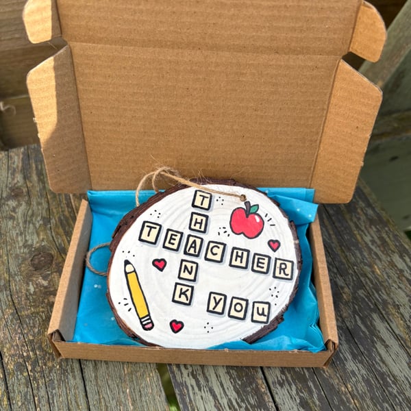 Hand Painted Teacher Gift Hanging Ornament on Wood Slice