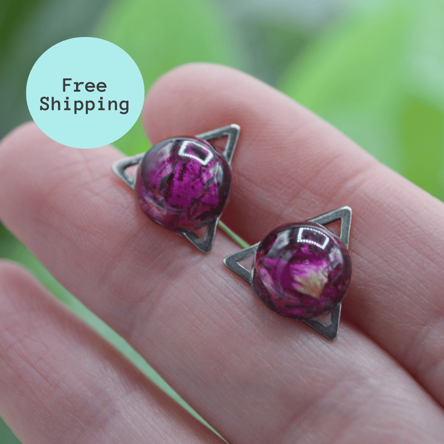 Purple Rose Petal Triangle Stud Earrings - Free Postage