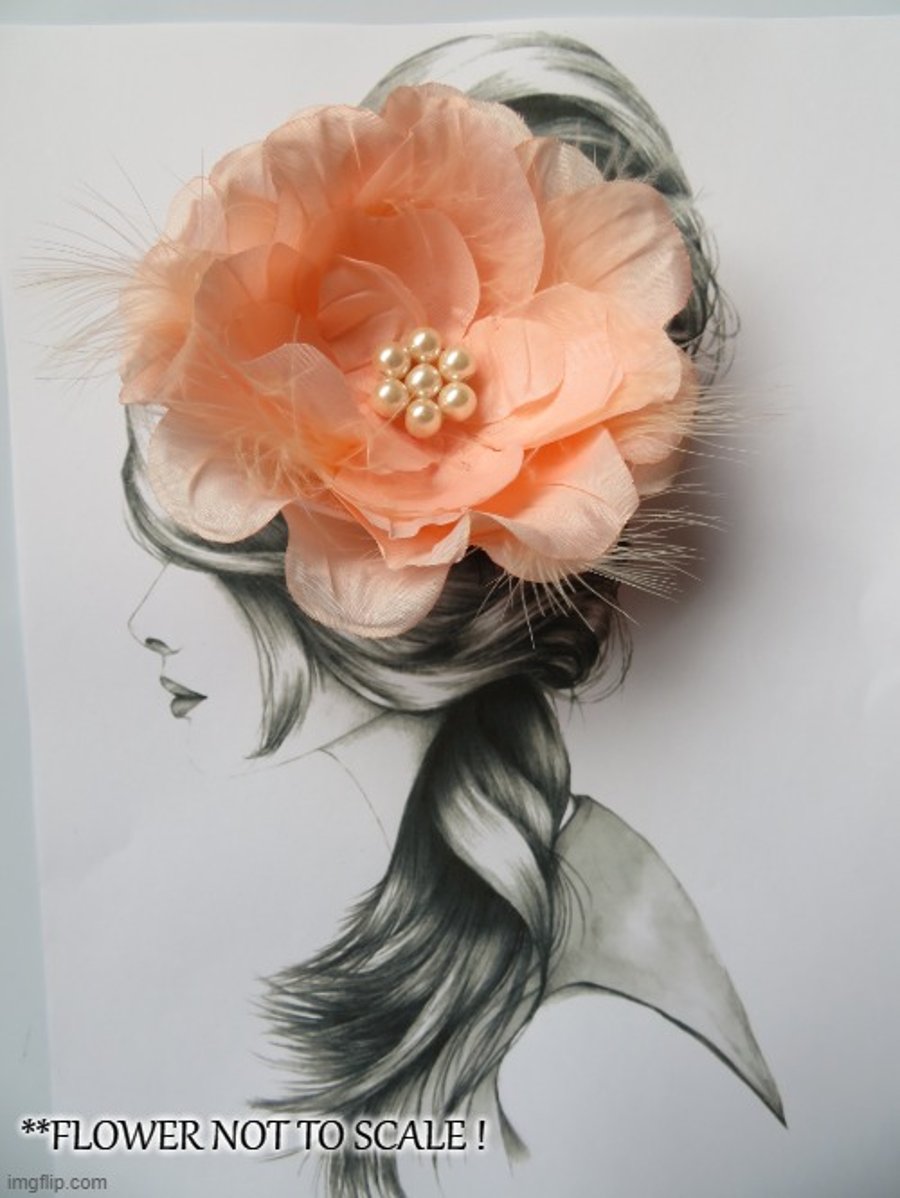 Bright Peach Rose & Feather Pearl Hair Clip Accessory Retro Rockabilly Flowers