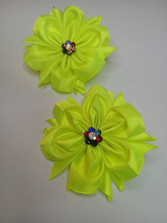 Neon Yellow Satin Flower Hair Bobbles - Pair of Handmade Lime Green Hair Ties 