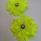 Neon Yellow Satin Flower Hair Bobbles - Pair of Handmade Lime Green Hair Ties 