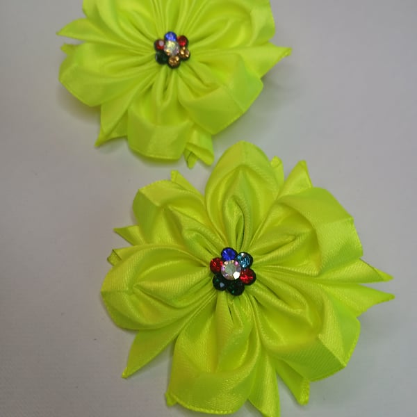 Neon Yellow Satin Flower Hair Bobbles - Pair of Handmade Lime Green Hair Ties 