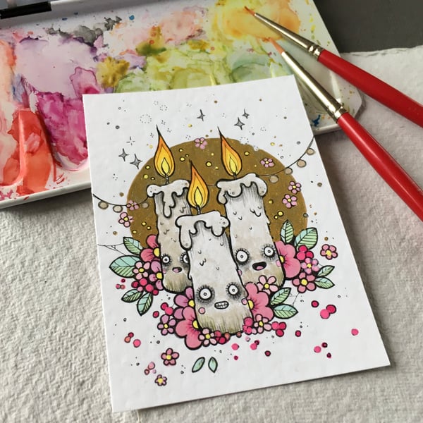 haunted christmas candles - original aceo