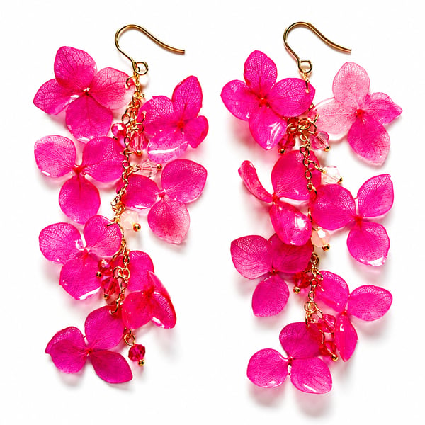 Real Pink Hydrangea Cascade Earrings – Pressed Flower Botanical Jewellery