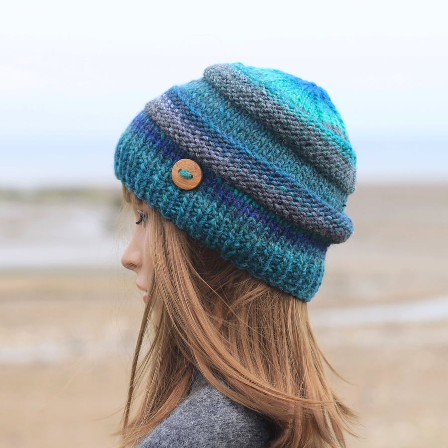 Beanie hat knitted women's, green blue grey, gift guide for her