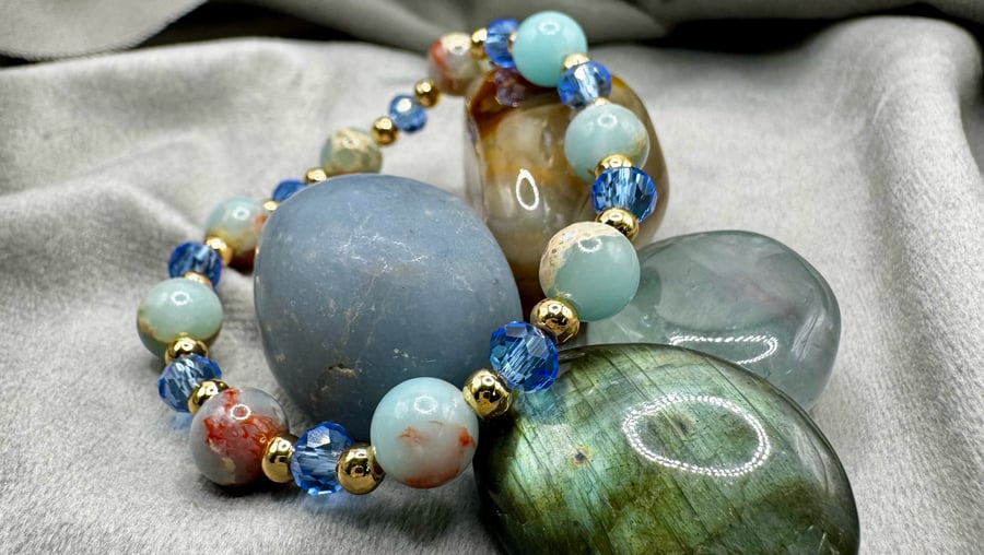 Imperial Jasper and periwinkle crystal beaded bracelet