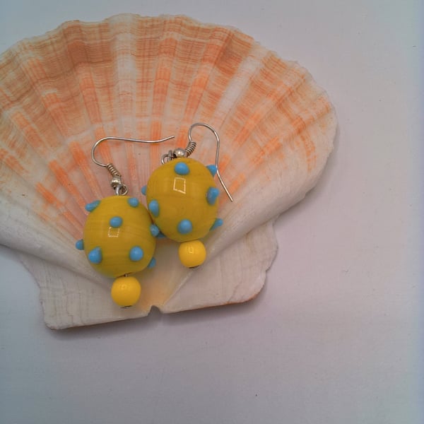 Yellow Art Glass Bead with Blue Dots, Gift for Her, Art Glass Earrings, Earrings