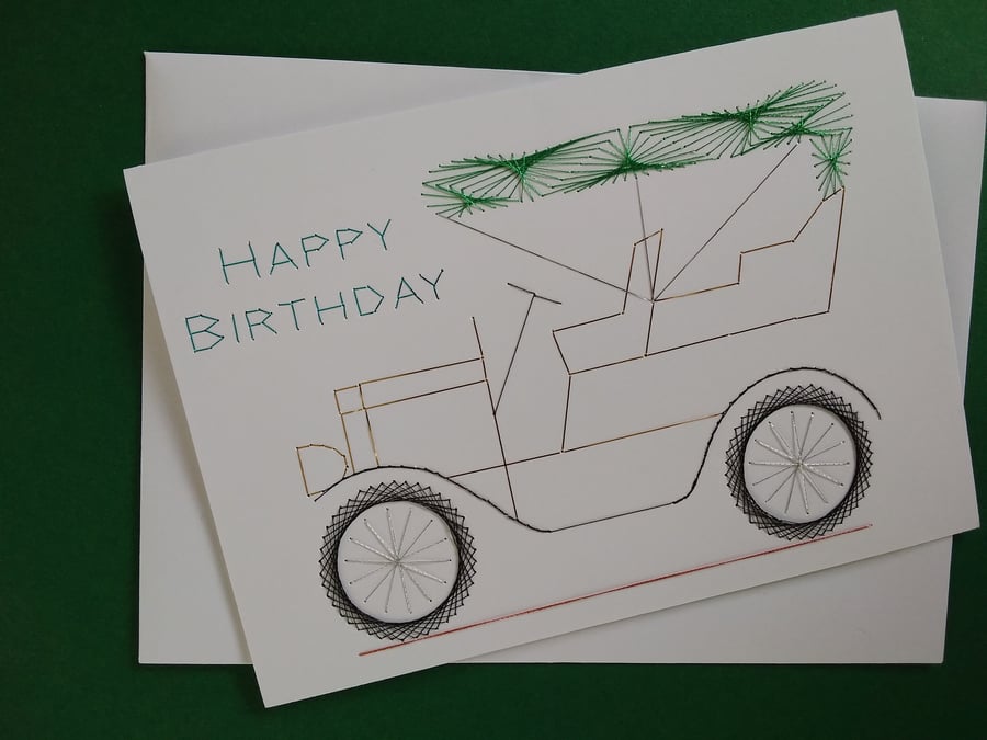 Hand Embroidered Vintage Car Birthday Card.