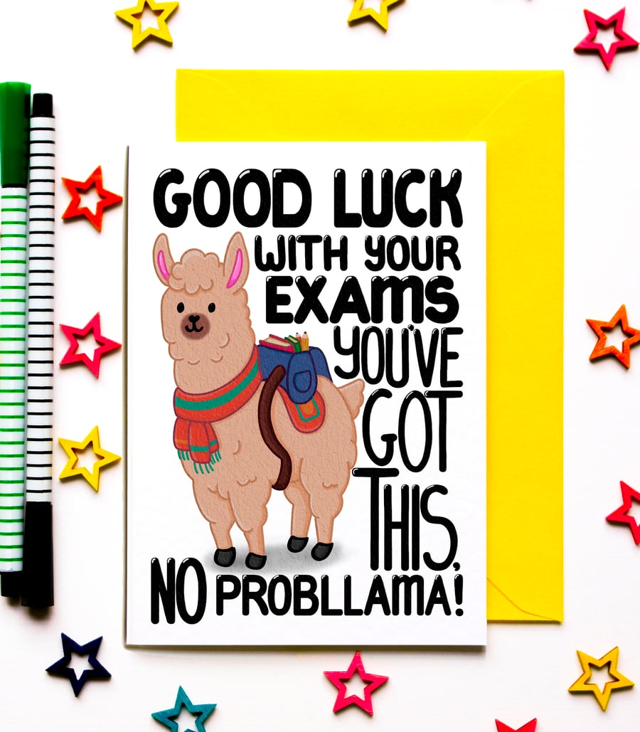 Funny Good Luck Exam Card, Cute Llama GCSEs, A Levels, Degree Support Card