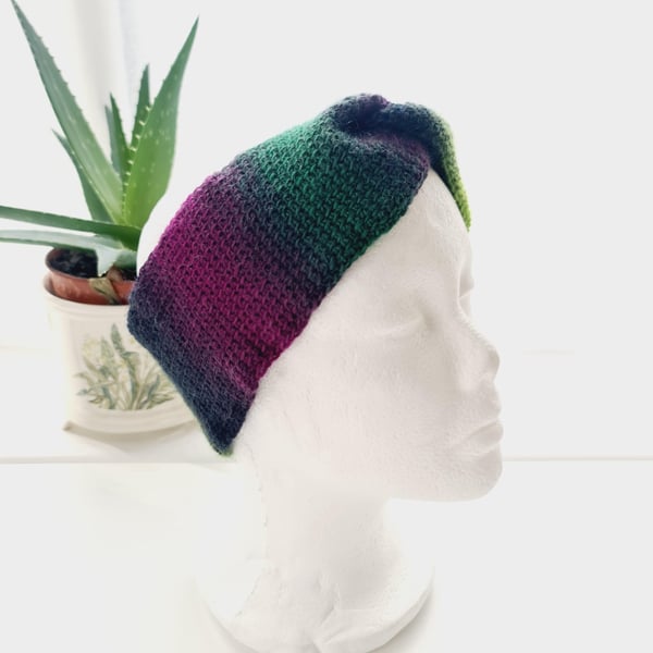 Purple and Green Ear Warmer, Crochet Twisted Headband