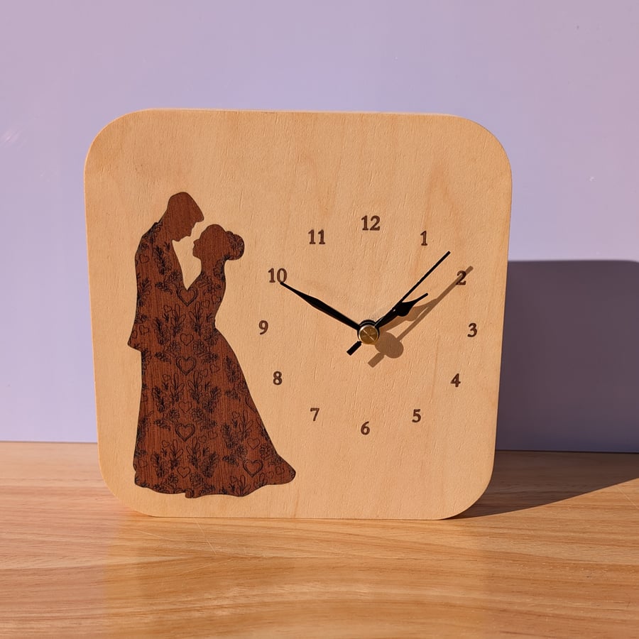 Laser cut marquetry clock with couple design