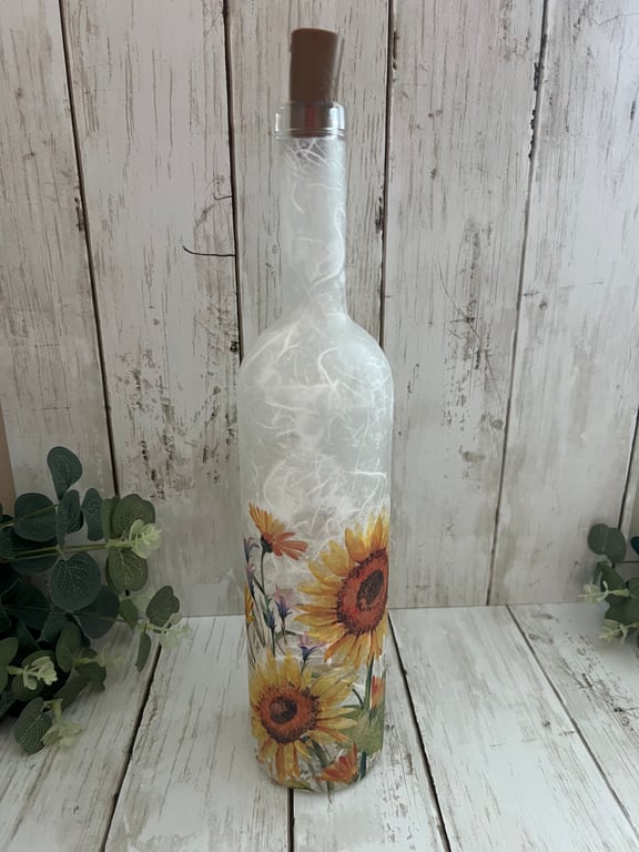 Decoupage Light Up Glass Bottle: Sunflowers, Home Decor, Bottle Light