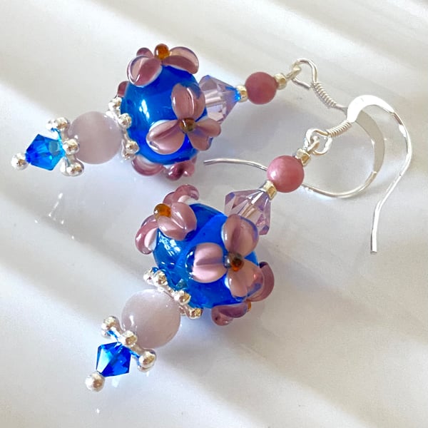Blue & Pink Glass Dangle and Drop earrings - Silver Flower Blossom Design. F&w