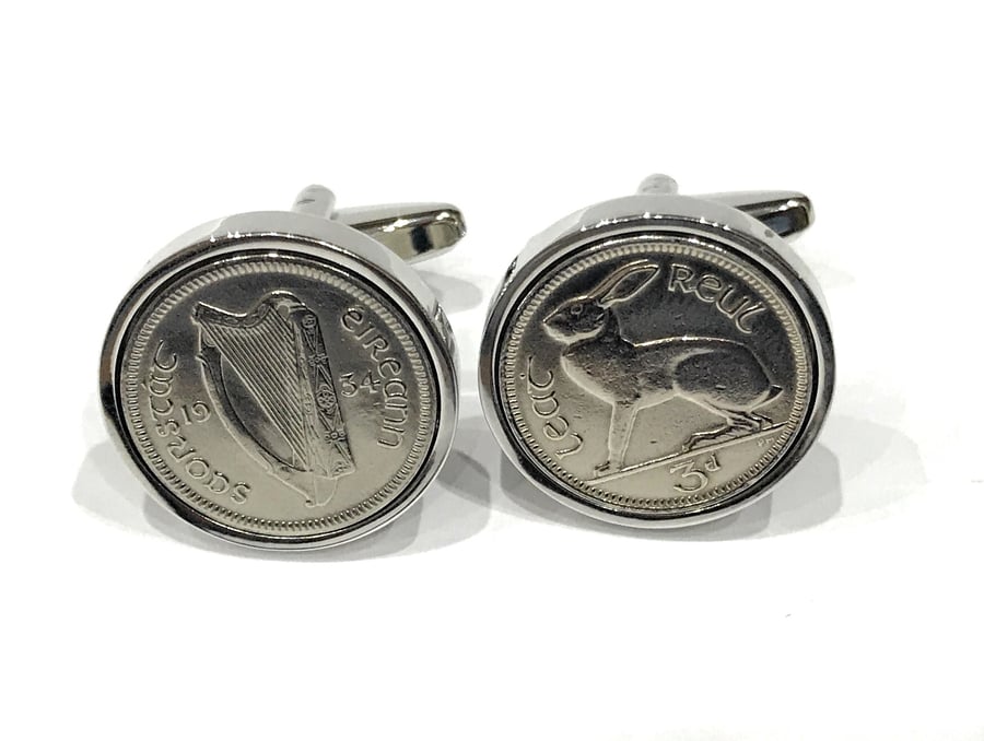 1934 Irish coin cufflinks- Great coin gift idea. Genuine Irish 3d threepence coi
