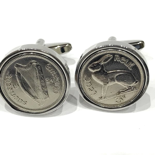 1934 Irish coin cufflinks- Great coin gift idea. Genuine Irish 3d threepence coi