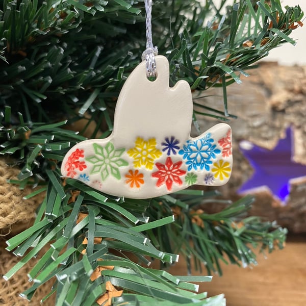 Teeny ceramic dove decoration Christmas snowflake design