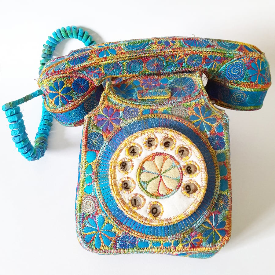 Telephone Textile Art Free Machine Embroidery Hand Dyed Cotton and Vibrant Silk 
