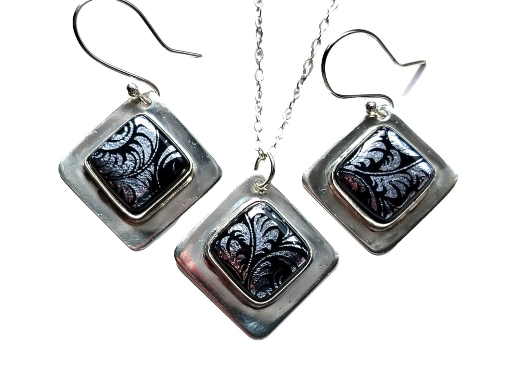 Recycled Sterling Silver Jewellery Set Dichroic Glass Black & Silver Leaf Design