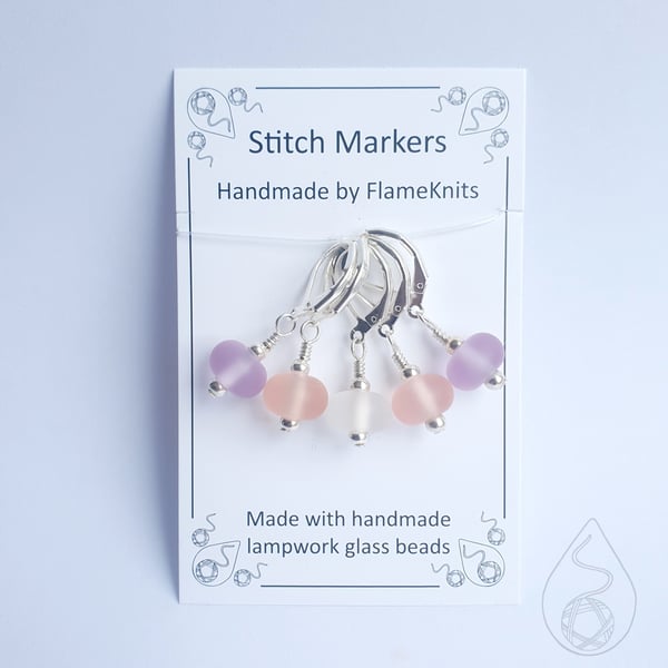 Lampwork Stitch Markers - Frosted Pink, Purple and White