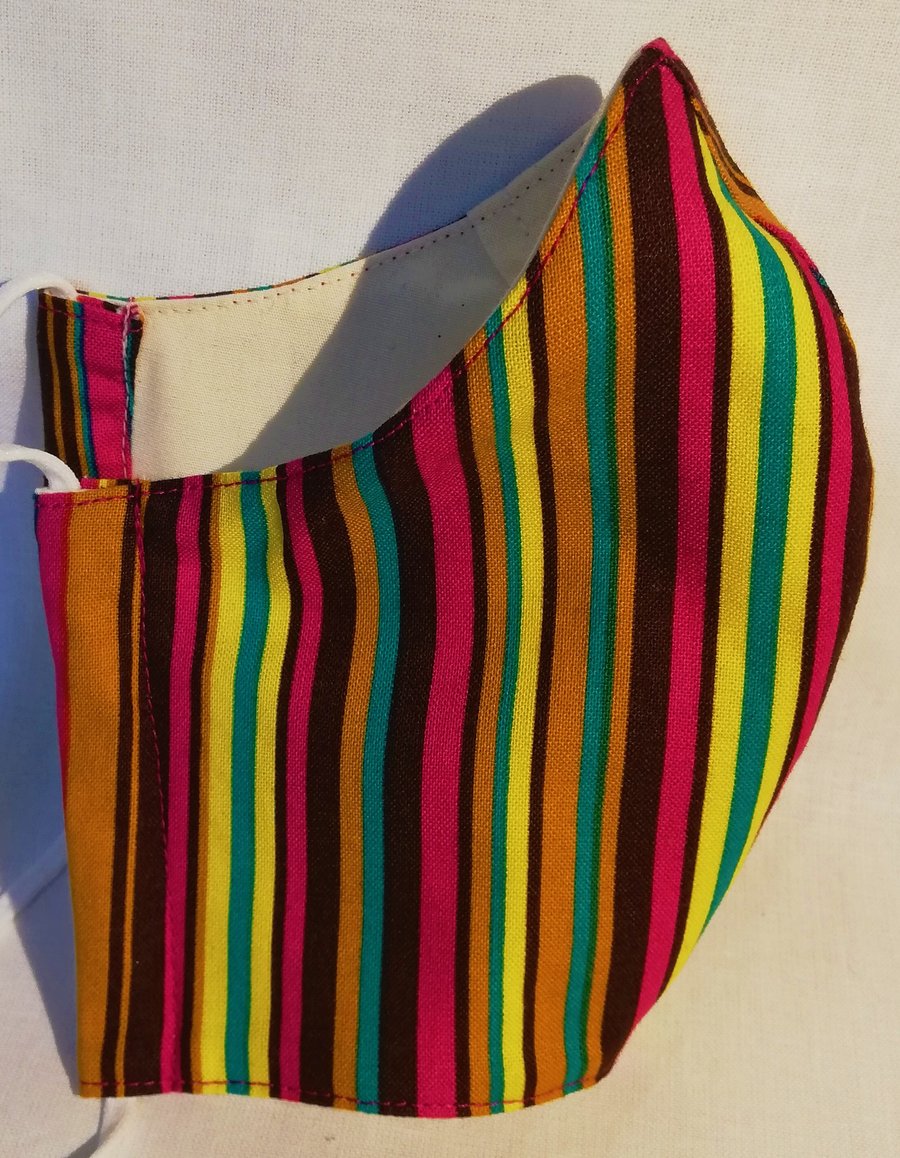 Face mask reusable triple layer 100% cotton multicoloured stripes