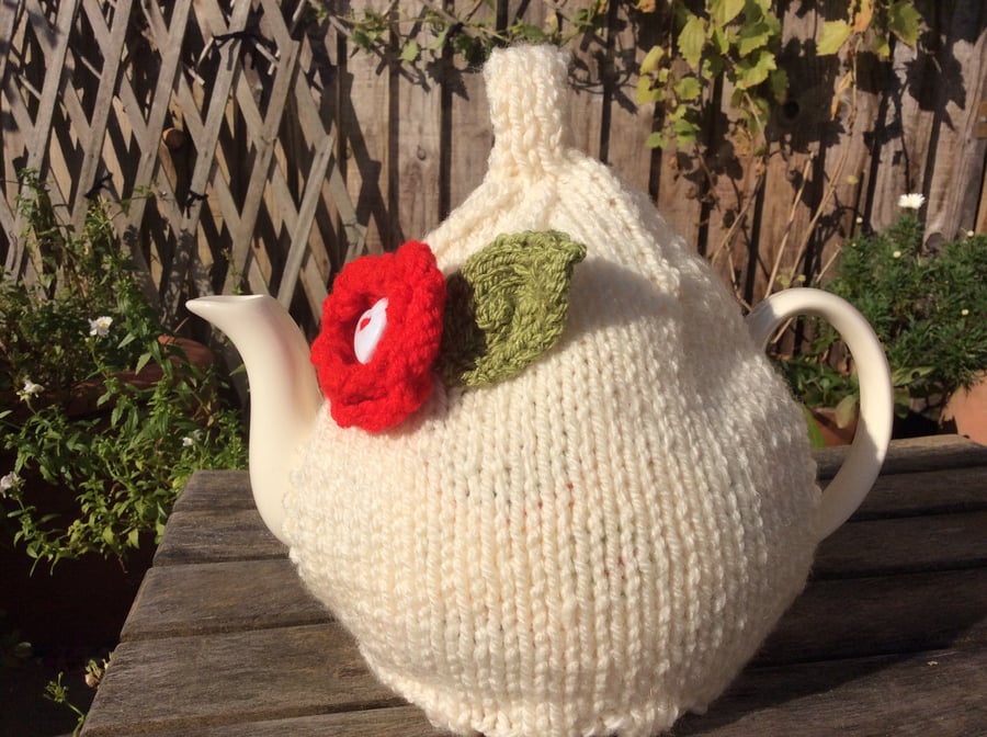 Cream Aran Tea Cosy with Red flower, knitted tea cosy 6 cup pot