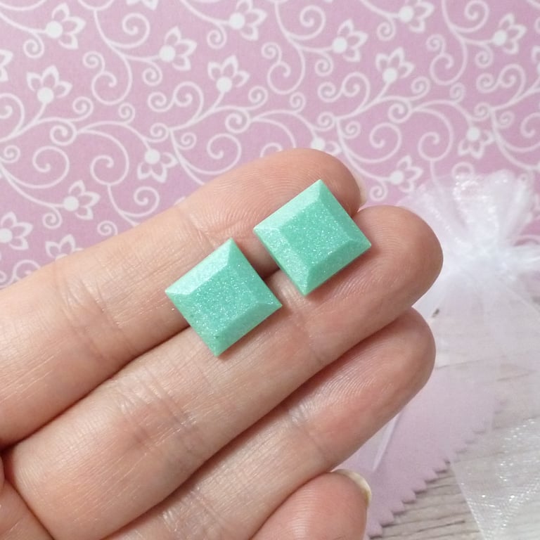 Turquoise square stud earrings for women. Pastel ear studs.