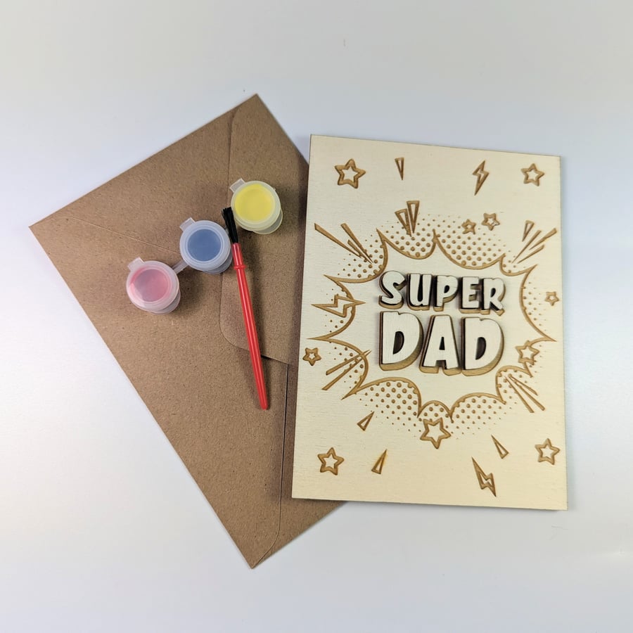 Father's Day card wood with paint and brush, super dad comic paint your own