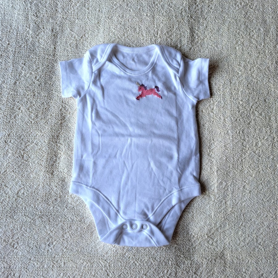 Unicorn, baby vest, age 6-9 months, hand embroidered