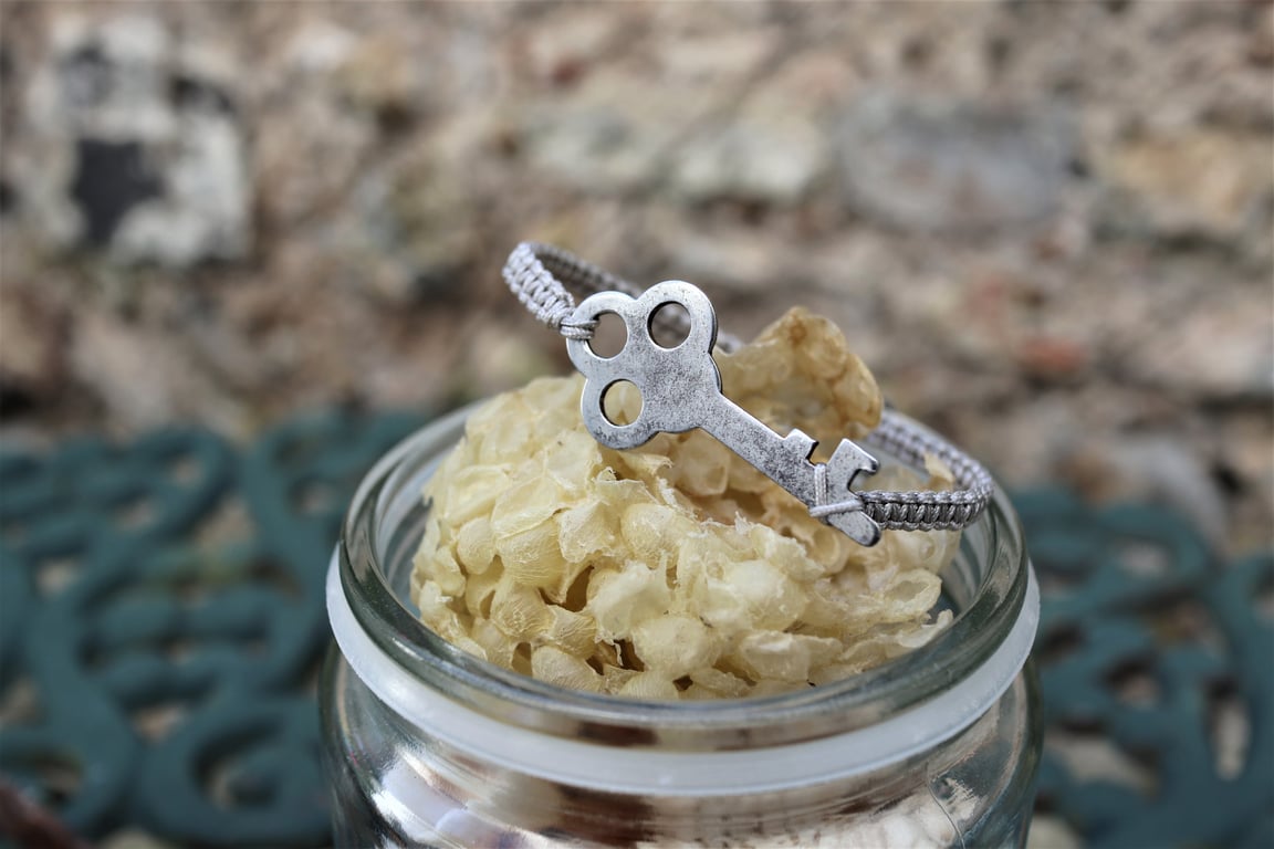 Upcycled Vintage Key Adjustable Hand knotted Bracelet, Friendship Gift 