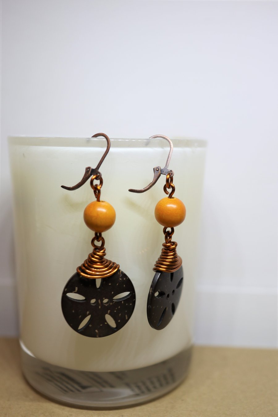 Coconut vintage button - copper wire wrapped and wood bead earrings 