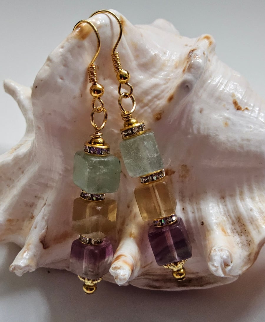 Genuine Rainbow Flourite Gold Plated Dangle Earrings 