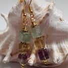 Genuine Rainbow Flourite Gold Plated Dangle Earrings 