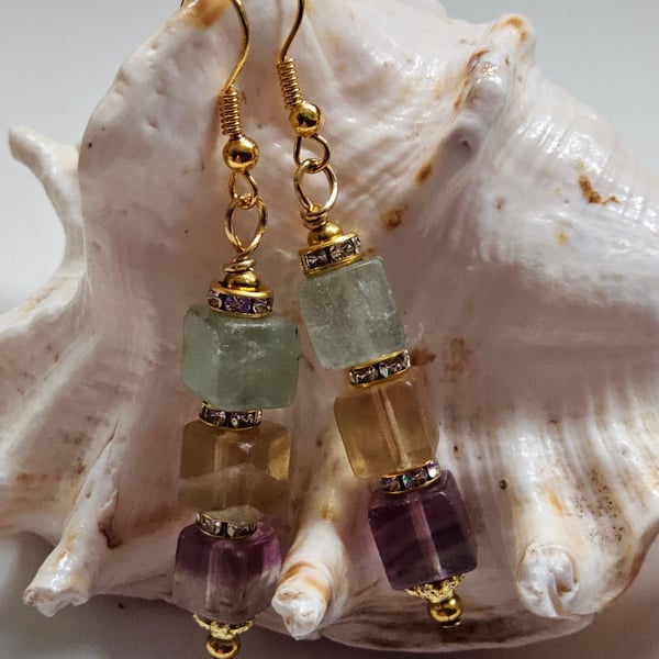 Genuine Rainbow Flourite Gold Plated Dangle Earrings 