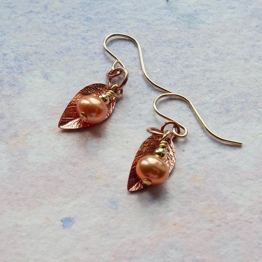Earrings with Copper Leaf Charm and Small Orange Pearl - 14k Gold Filled Hooks