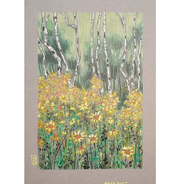 Landscape Illustration with Yellow flowers, original artwork