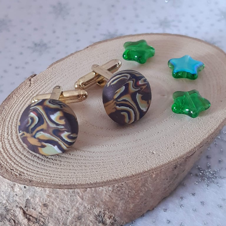 Men's dark brown multi coloured polymer clay cufflinks