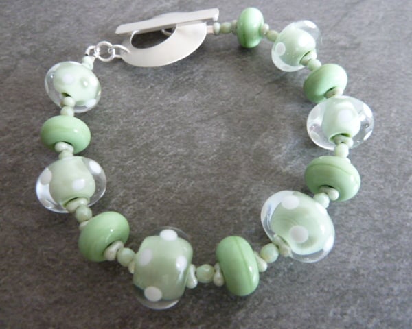 sterling silver, green polka dot bracelet